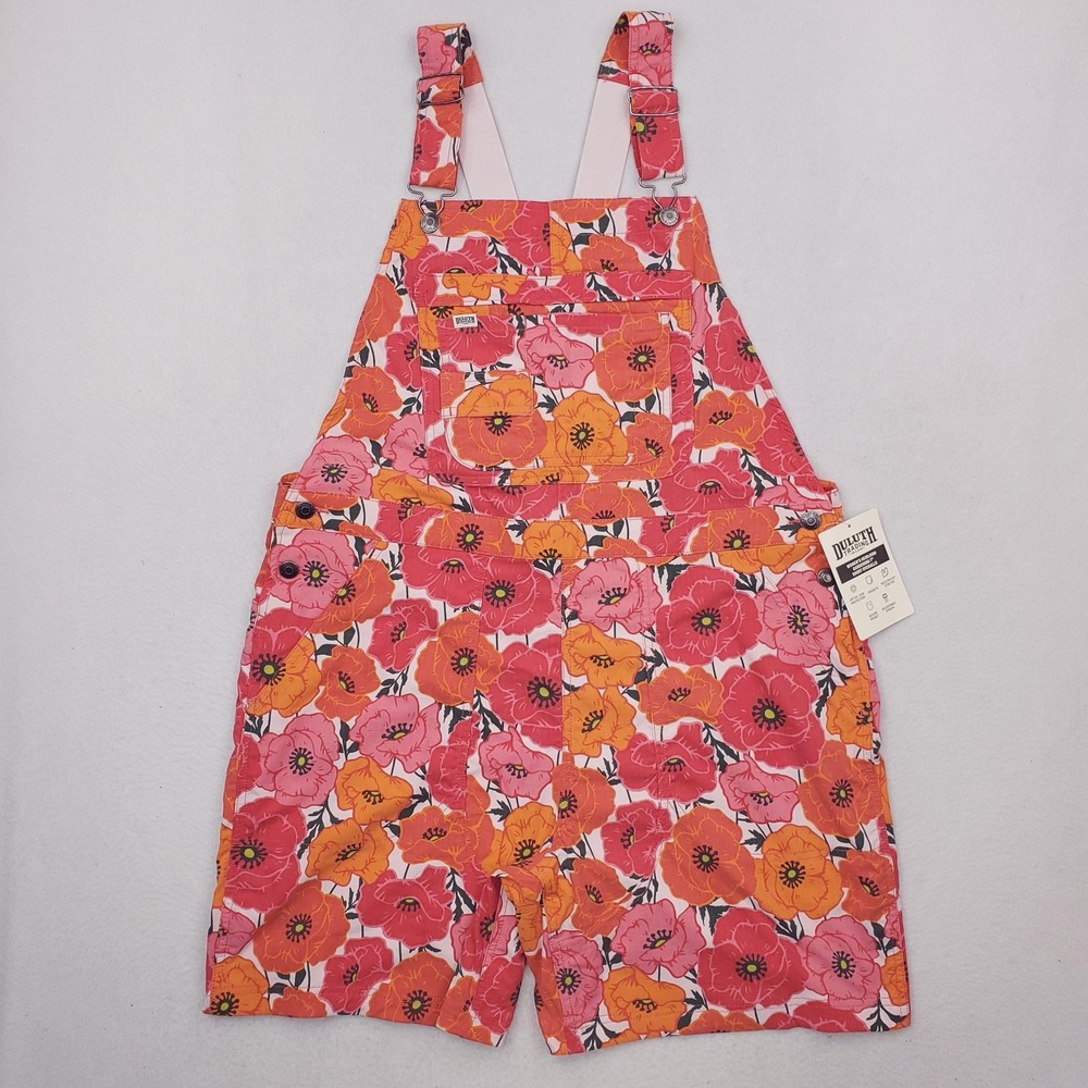 Duluth Trading Womens Heirloom Gardening Short Overalls Large Poppies Poppy NWT